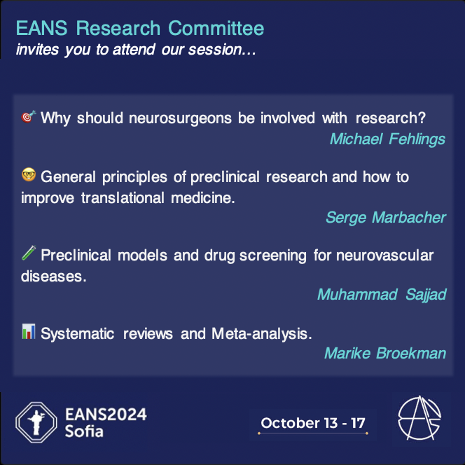 Interested in neurosurgical research? Coming to Sofia for EANS2024? 

Don’t miss the opportunity to hear from our top-notch speakers and experience the condensed, impactful educational program we’ve prepared! 🔥

⏰ Tuesday, 15h – 14:00-15:30
📍 Members’ Lounge
💫 Included in fee