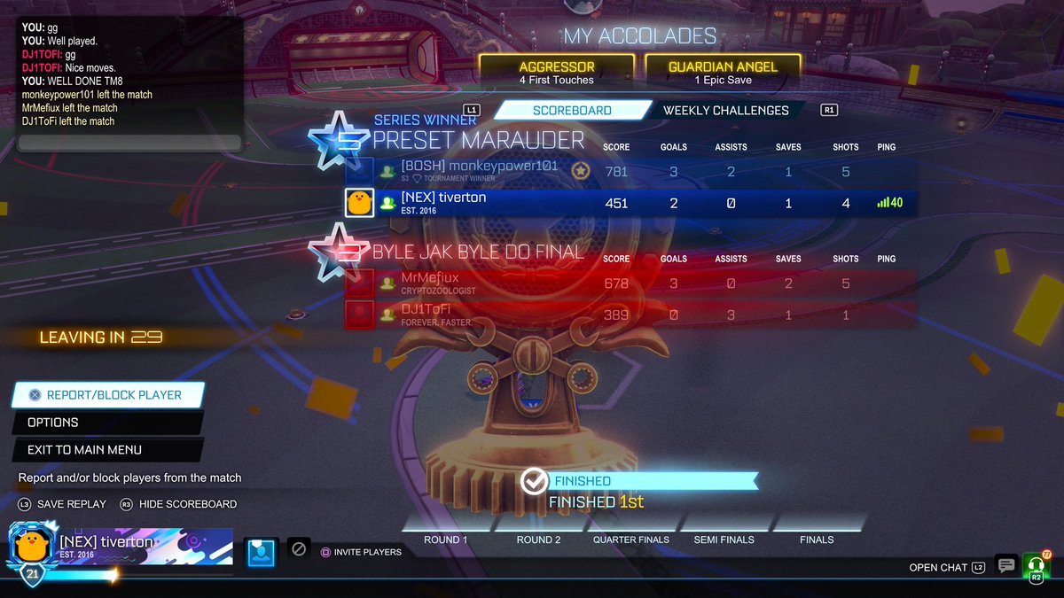 LETS GOOO!!!!

Just won a <a href="/RocketLeague/">Rocket League</a> tournament!!!🏆🏆🏆

I’m ready for the big leagues!!🧐

My TM8 was an absolute legend🫡