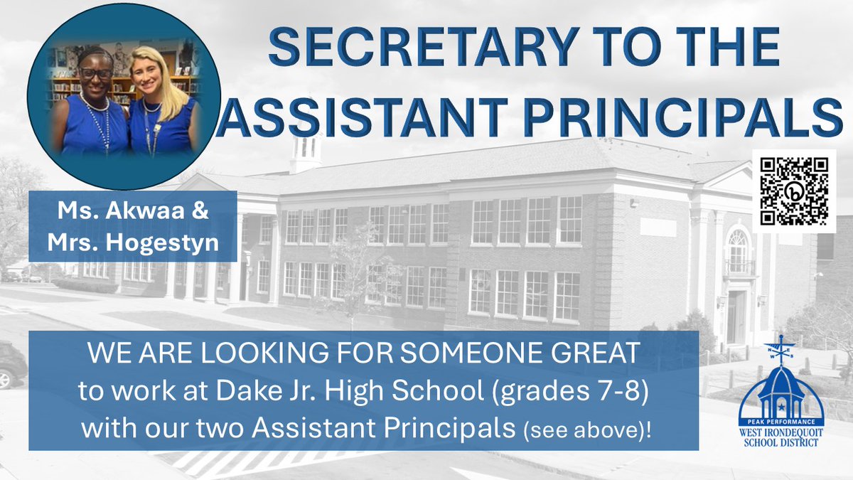 Dake Jr. HS is looking for a secretary to the Assistant Principals. It's a great school! We offer strong benefits, competitive pay &amp; the ability to join the NYS Pension program! Consider joining our team or share this with a potential candidate!

Apply: bit.ly/WI_Clerical