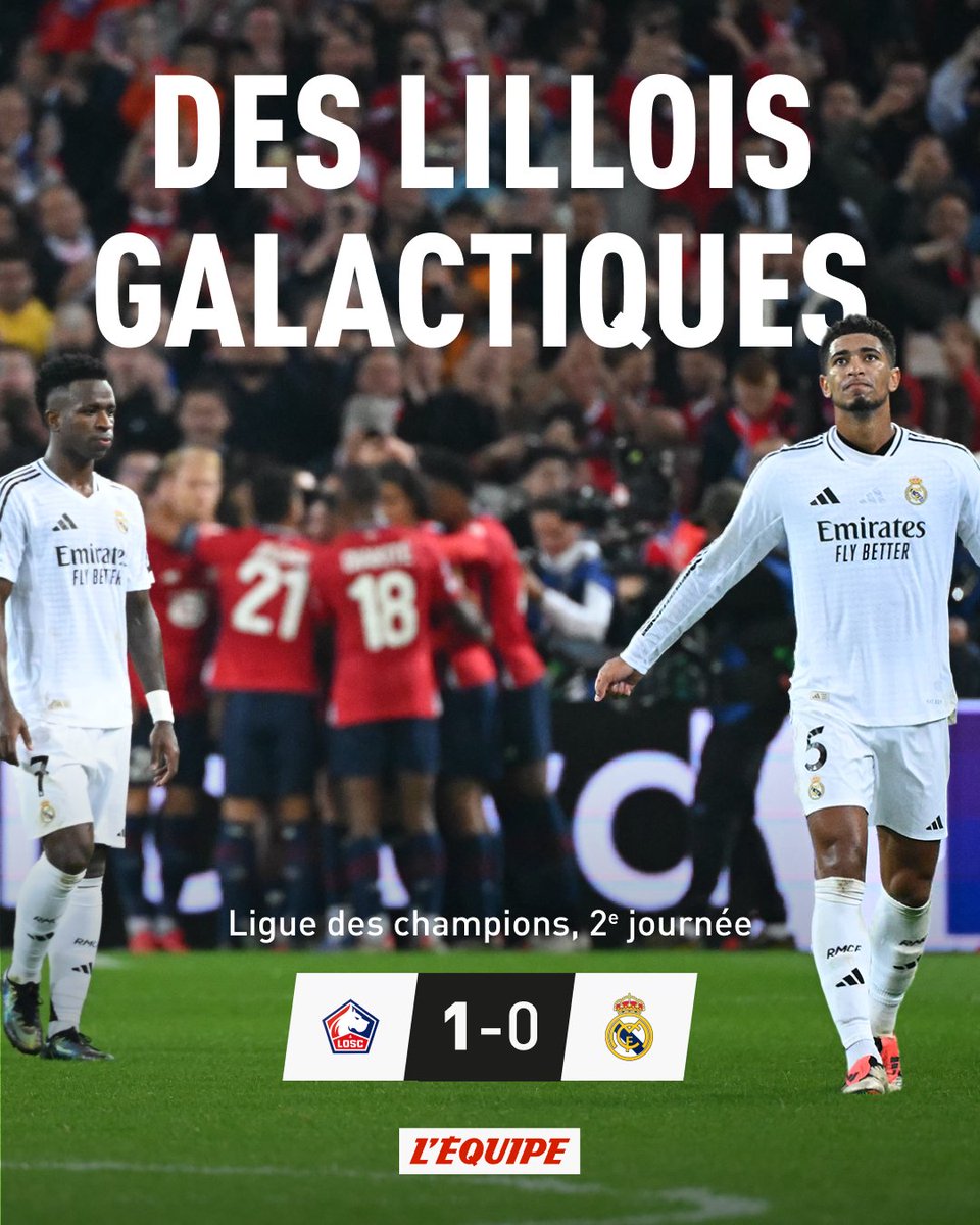 David fait tomber Goliath ! Grâce à un but du Lillois sur penalty en toute fin de première période, le LOSC de Bruno Genesio s’impose contre le Real Madrid (1-0) ce mercredi lors de la 2e journée de Ligue des champions
lequipe.fr/Football/match…