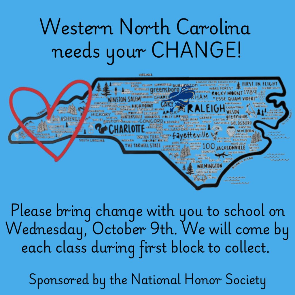 Cummings High is saddened by the damage  Hurricane Helene brought to Western North Carolina.

Our National Honor Society will hold a Change Drive on Wednesday, October 9th. Once all funds have been collected we will donate to  BeLoved Asheville. 

Bring your change on Wednesday!