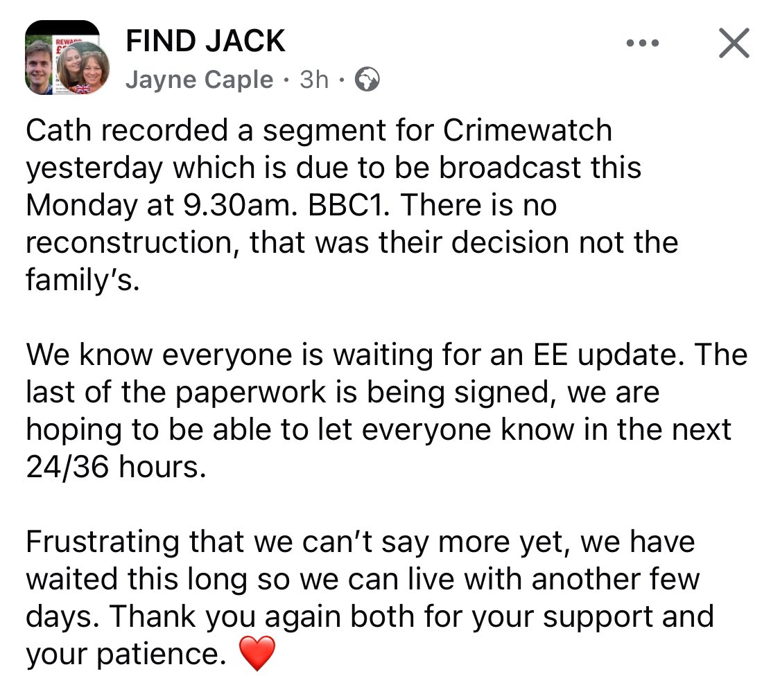 findjack23's tweet photo. An update:
Crime Watch and EE https://t.co/dSYLhI29qj