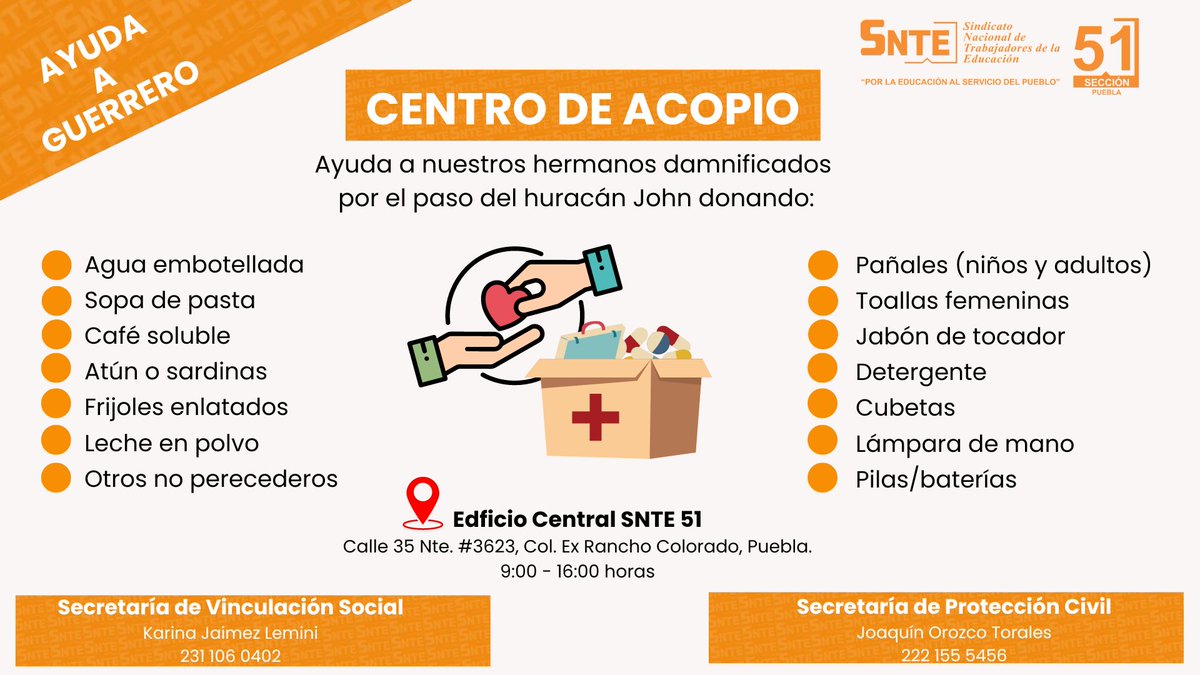 R_AlfredoGP's tweet photo. 𝐒𝐍𝐓𝐄 𝐒𝐨𝐥𝐢𝐝𝐚𝐫𝐢𝐨
📢El #HuracánJohn ha dejado estragos importantes en #Guererro, por eso nuestros hermanos necesitan de tu apoyo.
🤝Acude al centro de acopio del #SNTE51 y dona víveres, así como artículos de limpieza.
#SNTE51 #SNTEsolidario https://t.co/baoAUZ9fXd