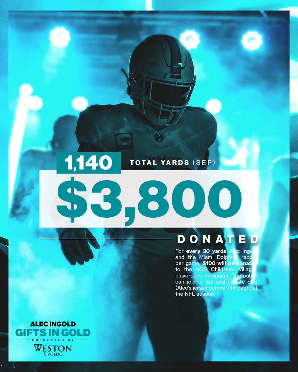 Alec Ingold (@ai_xlv) on Twitter photo Gifts in Gold, presented by <a href="/WestonJewelers/">Weston Jewelers</a>, is looking real nice after September 🙌 Can’t wait to see how much more we can donate to the SOS Children’s Villages South Florida playground campaign throughout the season! You can help too-show your support at giftsingold.givesmart.com Gifts in Gold, presented by <a href="/WestonJewelers/">Weston Jewelers</a>, is looking real nice after September 🙌 Can’t wait to see how much more we can donate to the SOS Children’s Villages South Florida playground campaign throughout the season! You can help too-show your support at giftsingold.givesmart.com