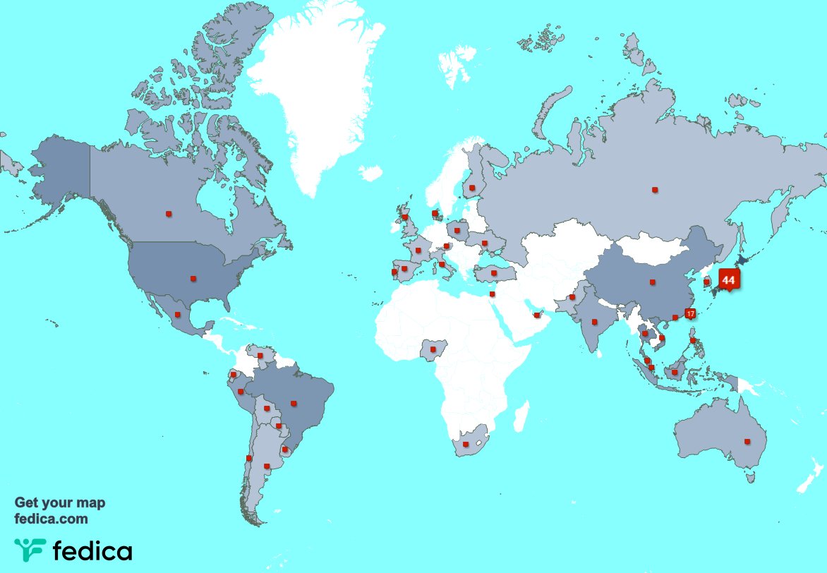 According to fedica.com/!Suiraku, you come from 42 countries
1. Japan (45%) 🇯🇵
2. Taiwan (17%) 🇹🇼
3. USA (4%) 🇺🇸

Can you see your country?