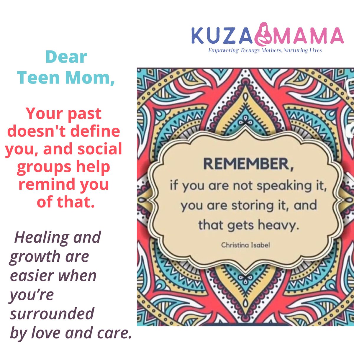 kuzamamaskills's tweet photo. Dear Teen Mom,
Your past doesn't define you, and social groups help remind you of that.
Healing and growth are easier when you’re surrounded by love and care.
#kuzamama #socialgroups https://t.co/ifmZcC21mt