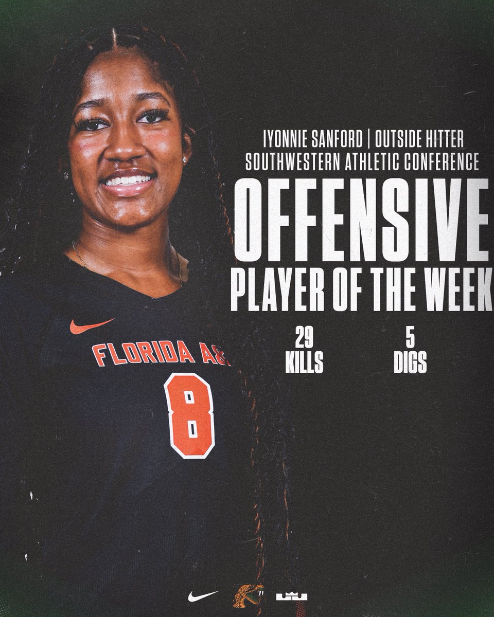 FAMU_VB's tweet photo. 🚨 𝗦𝗪𝗔𝗖 𝗛𝗢𝗡𝗢𝗥𝗦 🚨

Iyonnie Sanford was named the Offensive Player of the Week and Alexandra Koleva was named Setter of the Week after the Rattlers went 2-0 beating Jackson State (3-2) and Mississippi Valley State (3-0).

#FAMU | #FAMUly | #Rattlers | #FangsUp 🐍 https://t.co/ZnBXlaiwPu