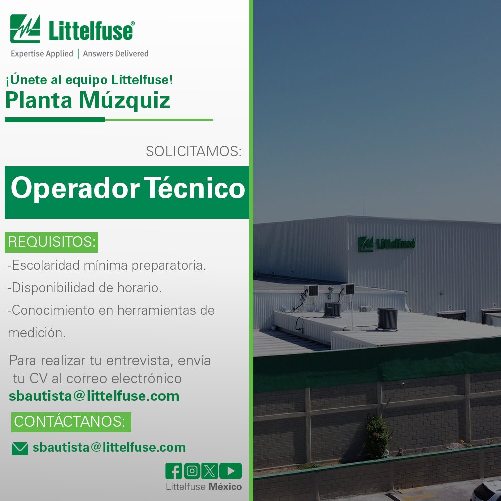 Littelfuse México (@littelfusemx) on Twitter photo ¡Únete al equipo Littelfuse!💚
Si deseas postularte a nuestra vacante, envía tu CV al correo electrónico sbautista@littelfuse.com.
#Littelfuse #SomosLittelfuse #TeamLittelfuse ¡Únete al equipo Littelfuse!💚
Si deseas postularte a nuestra vacante, envía tu CV al correo electrónico sbautista@littelfuse.com.
#Littelfuse #SomosLittelfuse #TeamLittelfuse