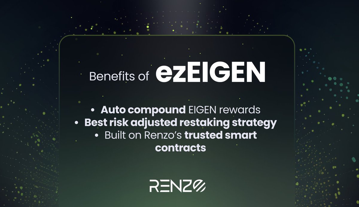 RenzoFinance's tweet photo. Trying to restake your $EIGEN?

Choosing node operators and claiming your rewards can be expensive and time-consuming...

Introducing $ezEIGEN:
With $ezEIGEN, you don't have to claim rewards or auto-compound manually. Simply restake $EIGEN, and Renzo will claim the rewards while auto-compounding them, assuring more rewards for your $EIGEN!

Maximize your $EIGEN effortlessly. Its ezpz!

Ready to simplify your restaking? Try it now! 👇
https://t.co/nJRmiNVzwj