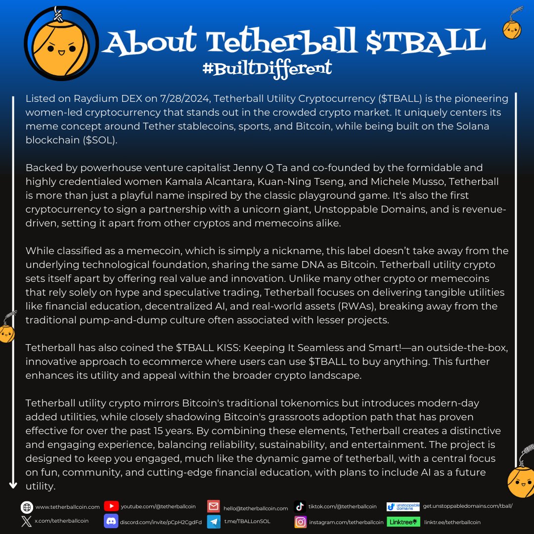 tetherballcoin's tweet image. 🫡🏐🥑 Why is $TBALL Crypto #BuiltDifferent? 

💡 With the #Tetherball #KISS #eCommerce Method, anyone can seamlessly buy &amp;amp; sell using $TBALL as the sole payment method.

🚀 We&apos;ve proven through partnerships with unicorn giant #UnstoppableDomains and a shared revenue model that…
