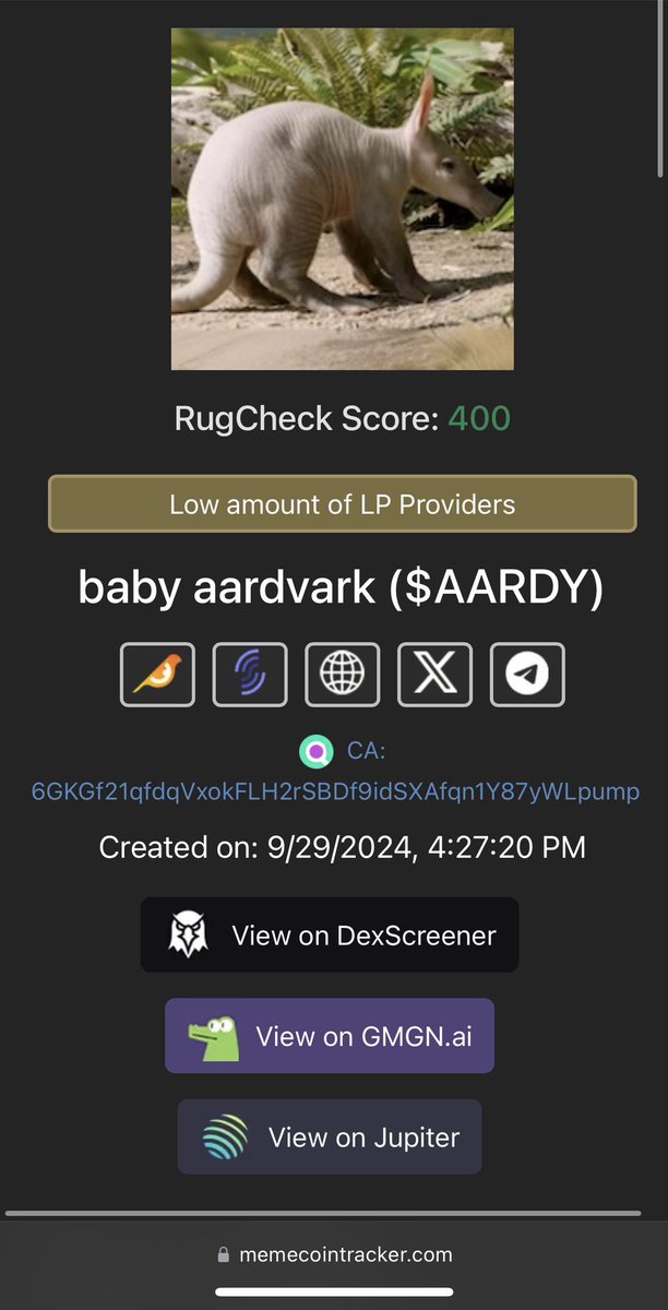 Chain_AlphaX's tweet photo. What's happening with “baby aardvark” - $AARDY? Explore the full analysis on MemeCoinTracker. @babyaardvarkSOL
#CryptoUpdates #MemeCoinTracker #AltcoinAnalysis https://t.co/GpMNEExFk3