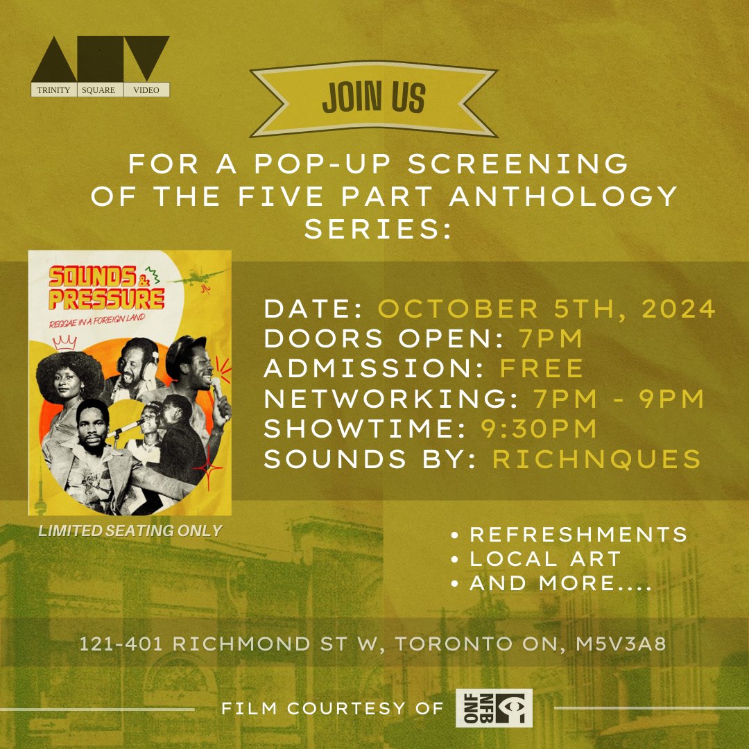 On October 5th, as part of your Nuit Blanche, join us over at Trinity Square Video for a pop-up film screening. And be sure to explore the many amazing art spaces in the 401 Richmond building before or after the show.

#liveart #film #music #networking #nuitblanche