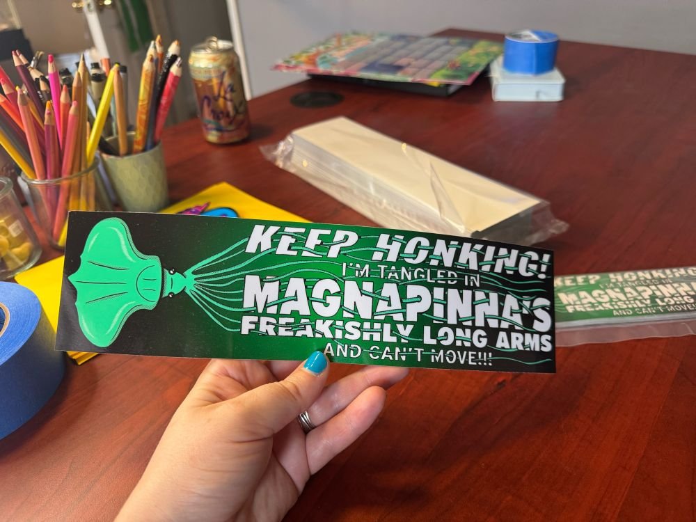 SarahMackAttack's tweet image. Bumper stickers just arrived lmao they are so stupid I love them so much. @CoreyDanks outdid himself on this one. I’m gonna start packing them up now!  

You can get one at squidfacts.bigcartel.com