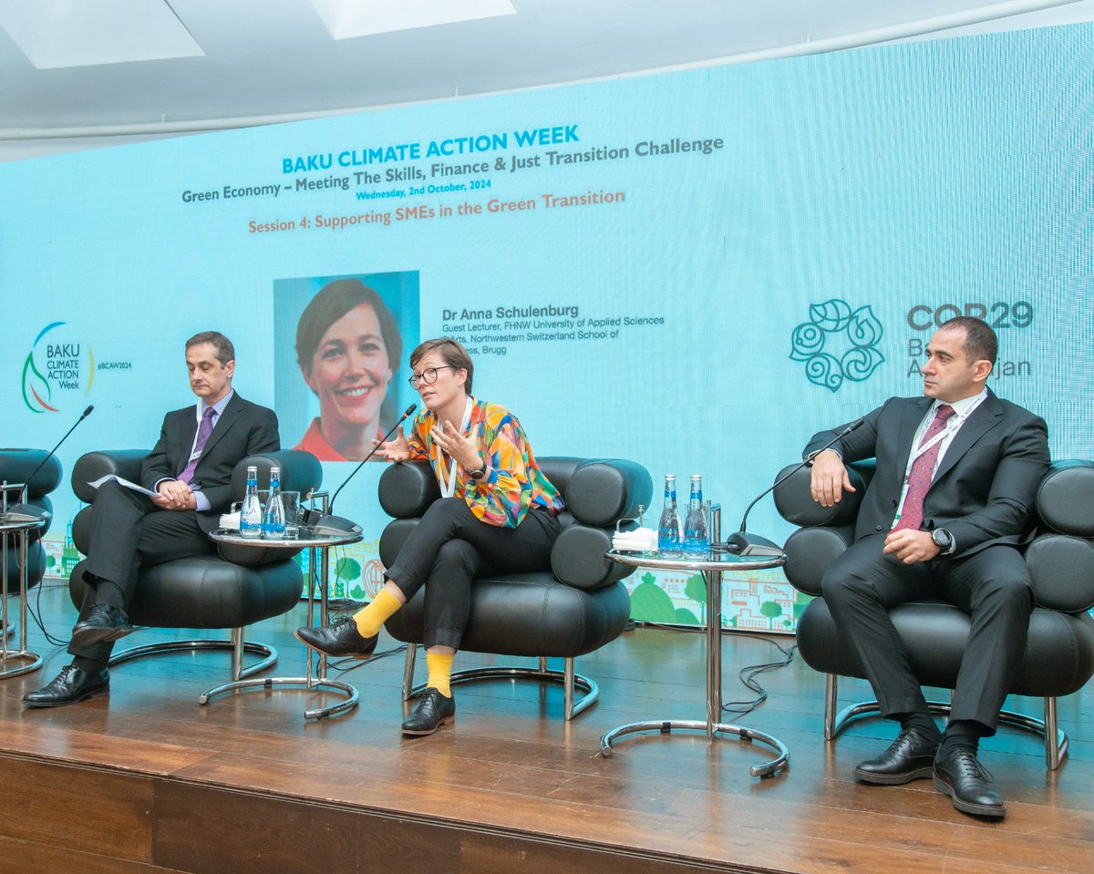 COP29_AZ's tweet photo. Session 4: Supporting SMEs in the Green Transition 

This session explored innovative strategies from around the world to help SMEs embrace the green economy. With a focus on ensuring no one is left behind, the discussion incorporated a gender lens, highlighting the need to close the gap between men and women in the workforce as we transition to a sustainable future.

Moderated by John Patterson, Chairman & Founder of the British Chamber of Commerce Azerbaijan, the panel shared emerging best practices for upskilling SMEs and equipping them to thrive in the green economy.

Speakers:
Ma Jun, Founding Director, Institute of Public & Environmental Affairs (IPE), Beijing, China (via video message)
Richard Ali, Director of Corporate Affairs, Strategy & Stakeholder Relations, Tetra Pak
Anna Schulenburg, Guest Lecturer, FHNW University of Applied Sciences & Arts, Switzerland
Elnur Aliyev, Advisor to Chairman, KOBIA

With inspiring examples from Azerbaijan and beyond, this session emphasized the critical role that SMEs play in the global green transition. From upskilling to innovative practices, the conversation underscored the importance of including diverse voices and perspectives in this movement to ensure equality and opportunity for all.

#COP29 #COP29Azerbaijan #BakuClimateActionWeek #BCAW2024 #GreenSkills #SMEs #Sustainability #GreenEconomy #ClimateAction