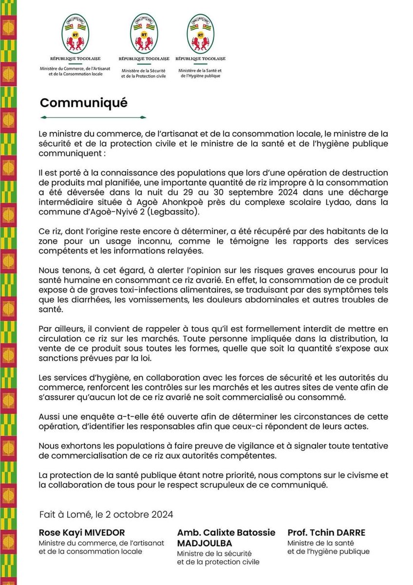 Communiqué sur le riz avarié du dépotoir à Legbassito..