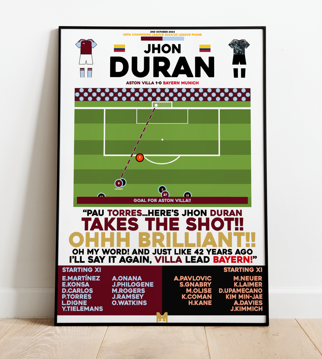 MezzalaDesigns's tweet photo. 🚨NEW DROP🚨

Congrats Aston Villa Fans for another famous night in the Champions League!🟣🇪🇺

We're proud to launch a Framed Print for any Villa Fan!

Jhon Duran v Bayern Munich🇨🇴

CODE: 'VILLA' For 15% OFF All Villa Items✅

➡️https://t.co/oGgs69dD0b

#AVFC @theavfcfaithful https://t.co/dSra9phT6T