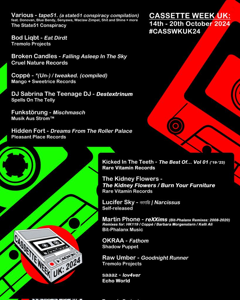 Announcing our line-up of incredible artists, bands &amp; labels releasing exclusive cassette tape titles for Cassette Week UK 2024!

#casswkuk24 #cassetteweek #cassettewk #cassettestoreday #cassette #tape #cassettetape