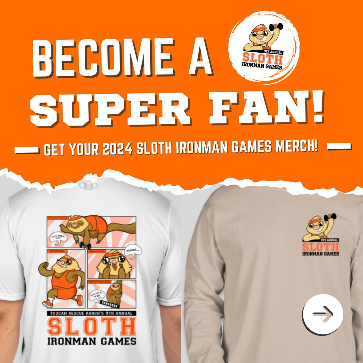 ToucanRescue's tweet photo. 🦥 Calling all sloth lovers! The 9th Annual Sloth Ironman Games at Toucan Rescue Ranch is here! This year, grab our brand-new limited-edition merch and support the rescue, rehab &amp; rewilding of sloths!  All proceeds go to our Saving Sloths Together program! https://t.co/Gr0JvNivAn https://t.co/5jeKq1W8vO