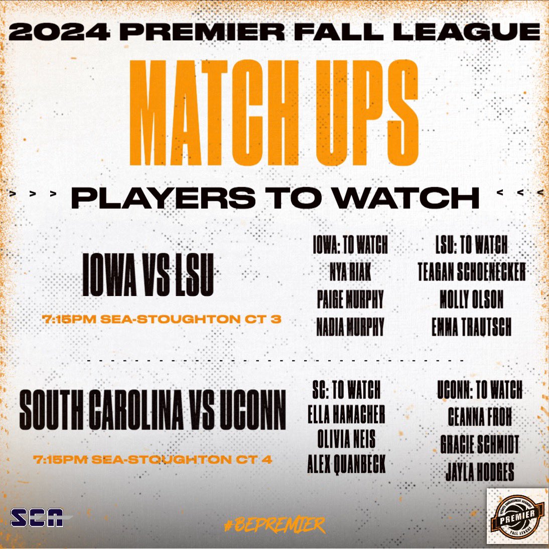 🚨PREVIEW🚨

Check out some of the Girls #PremierLeague match ups tonight‼️

• Iowa vs LSU - 7:15pm (Court 3)
• South Carolina vs UCONN - 7:15pm (Court 4)

<a href="/BallerTV/">BallerTV</a> - ballertv.com/events/premier…

#BePremier