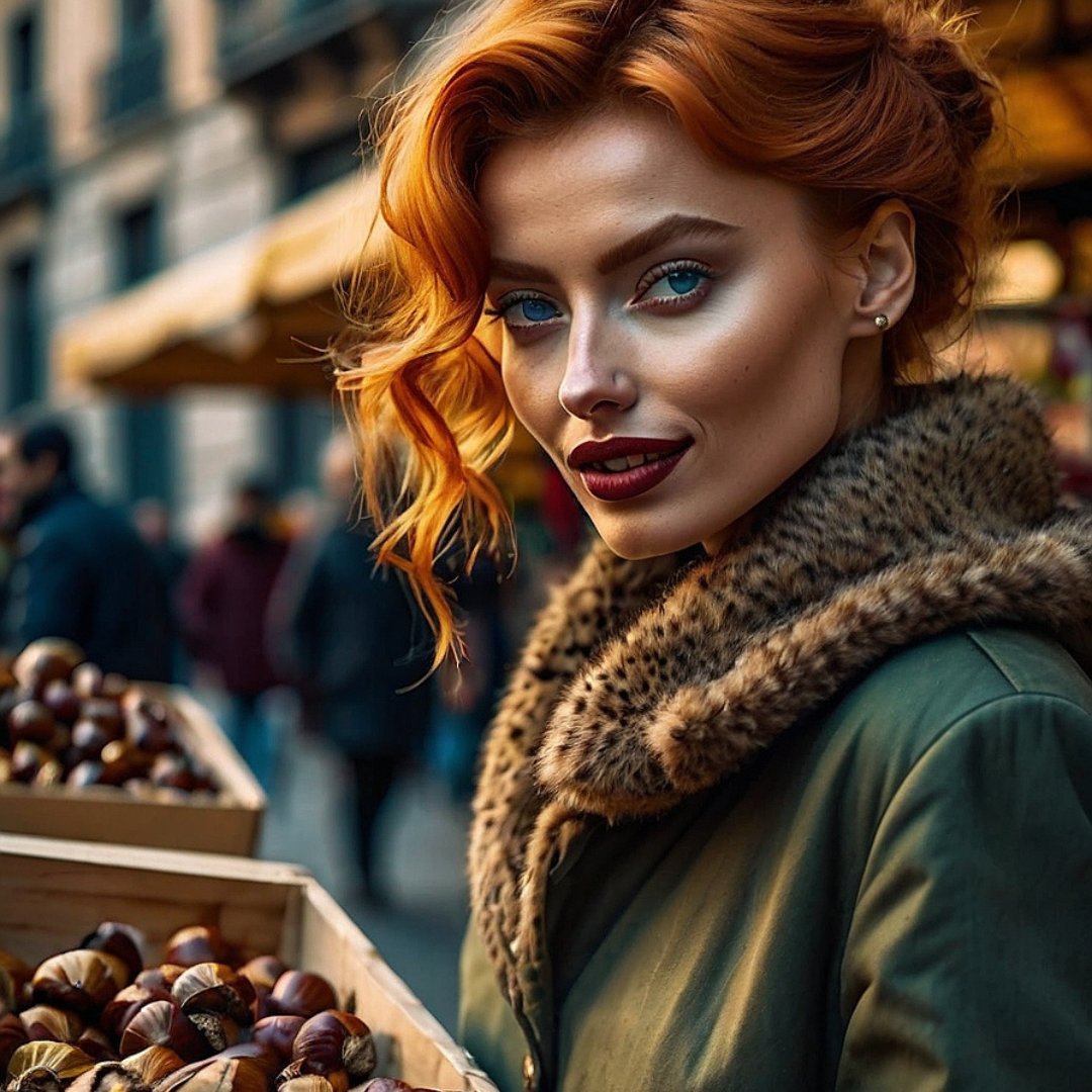 ElestraZephyra's tweet image. As I picked chestnuts at the market in Barcelona, I felt his gaze—dark and intense. Our eyes locked, and the heat between us was undeniable. Tonight&apos;s Halloween might hold more than just tradition... #AutumnLust #BarcelonaNights #HalloweenVibes #FieryDesire