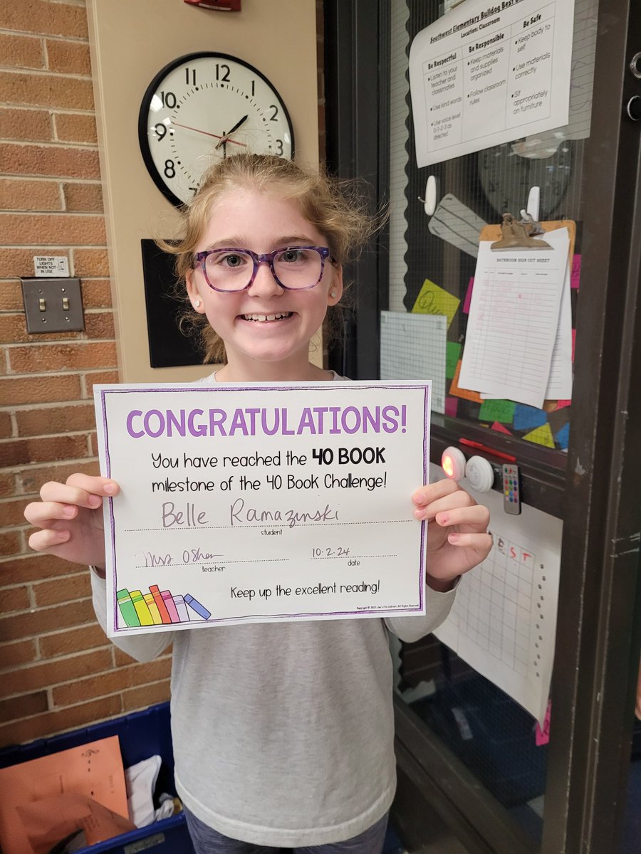 5AwithOShea's tweet image. Congratulations to Belle R ! She is our first #40BookChallenge earner in 5th grade! She said her goal is 40 per quarter!! At this rate I believe she can do it
#BeEvergreen
#walloffame
#youcandoit