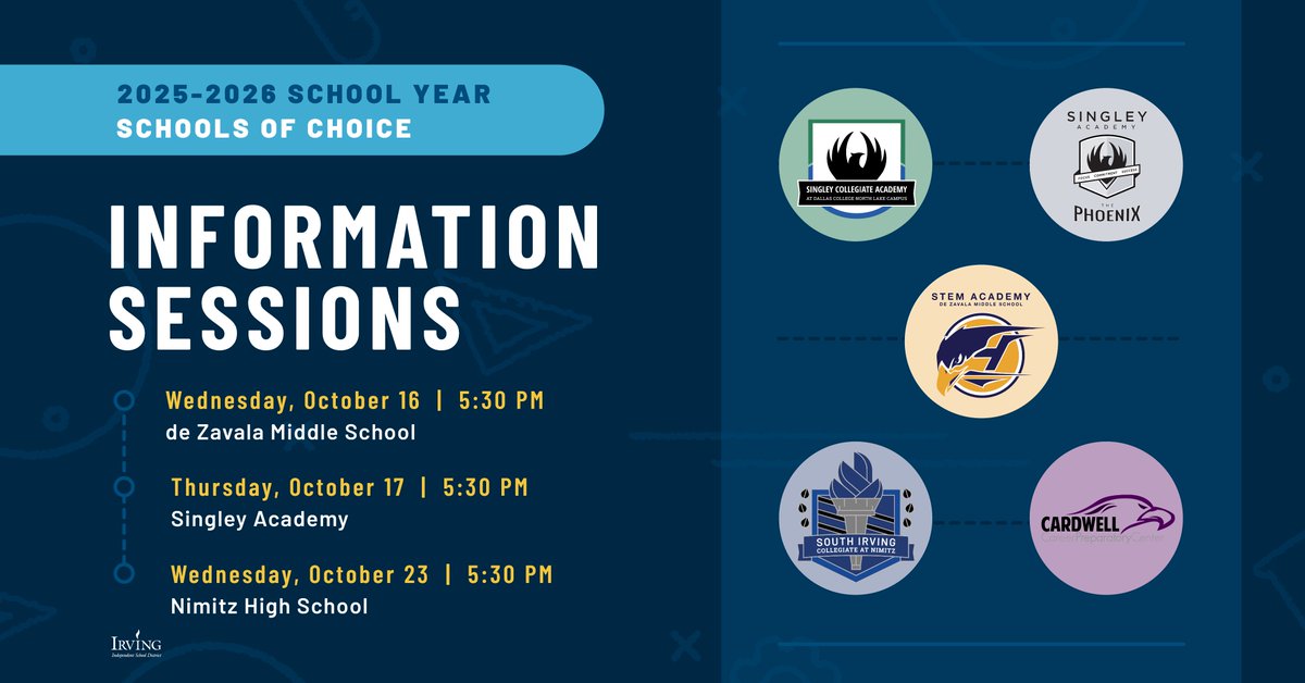 Find your best fit! 🔎 #myIrvingISD is excited to offer 5️⃣ innovative Schools of Choice for the 2025-2026 school year - <a href="/deZavalaMS/">deZavala MS</a>, <a href="/SingleyAcademy/">Singley Academy</a>, Singley Collegiate Academy, <a href="/SouthIrvingCA/">South Irving Collegiate at Nimitz</a> and <a href="/CardwellPrep/">Cardwell Career Prep</a>. 🏫

Join us for one of the upcoming parent information sessions 💬