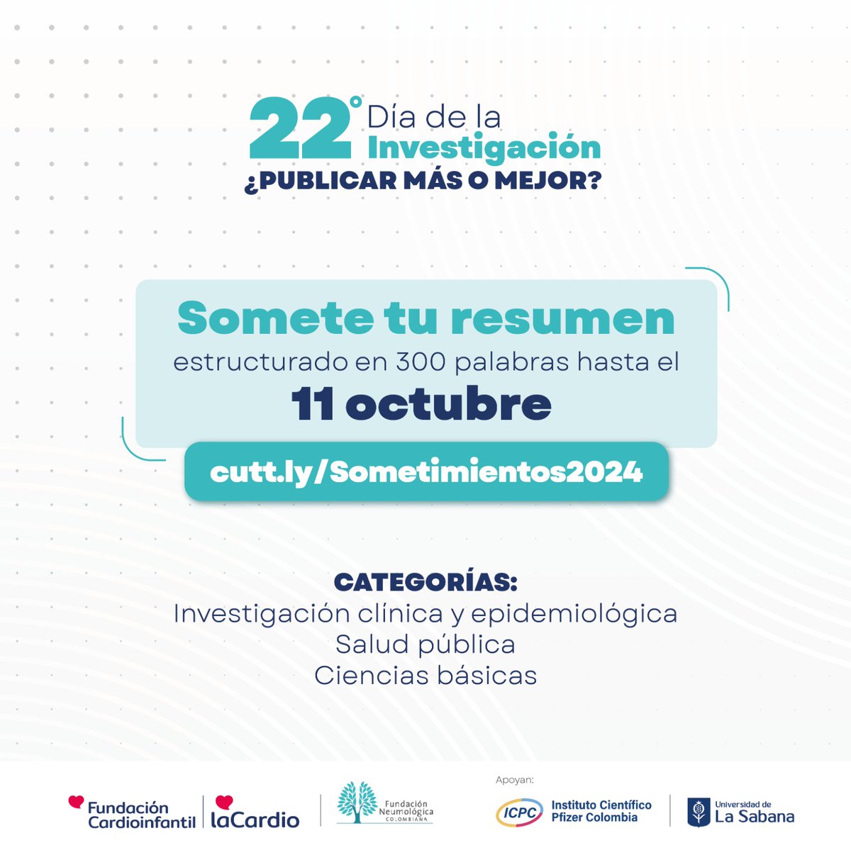 ¡Se acerca la fecha de cierre!

📤 Somete tus trabajos en todas las temáticas de investigación e innovación en salud al 22° Día de la Investigación

🗓️ 11 de octubre
🔗 cutt.ly/Sometimientos2… 
🏆 Este año tendremos premio en todas las categorías.

¡Te esperamos!
