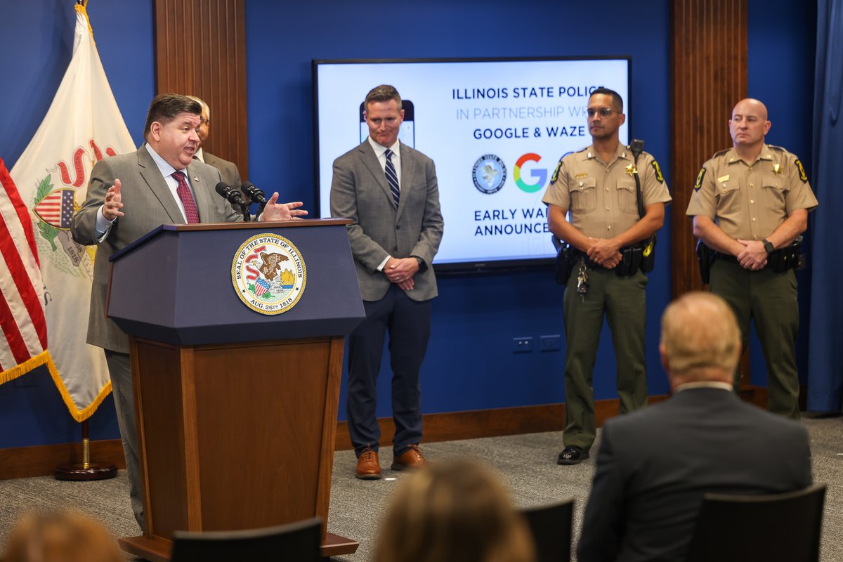 GovPritzker's tweet photo. Illinois is taking a nation-leading initiative to protect the brave men and women who work to keep our roads and highways safe.

In partnership with @Google and @Waze, drivers will now receive notifications of upcoming highway activity to reduce the number of Move Over crashes. https://t.co/9ETIXzrV6C