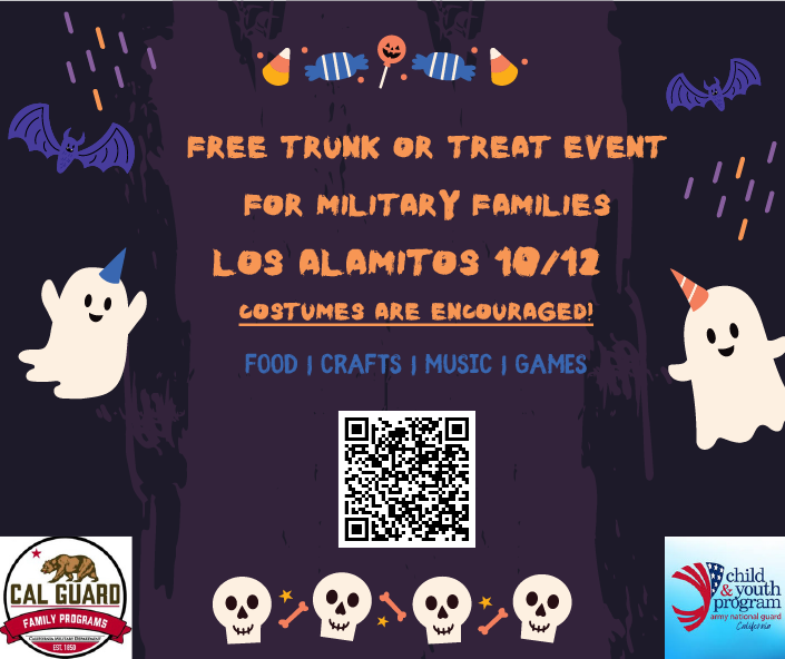 Free Trunk or Treat Event for Military Families in Los Alamitos on October 12th. Costumes are encouraged! Food, crafts, music, and games.