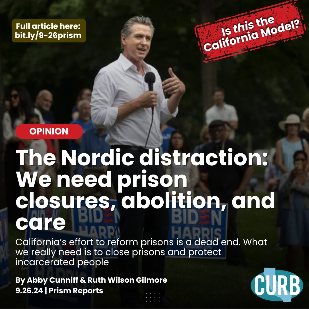 CURBprisons's tweet photo. 🗞🗞 MUST-READ Op-ed by CURB Advisory Board Member Ruth Wilson Gilmore and Abby Cunniff in @prismnews! @cagovernor @gavinnewsom's #CaliforniaModel is distracting from the urgent need for prison closures and real investment in our communities. Read the full article here 📲 https://t.co/ksL2demcMc

Is this the California Model?! Blocking even a tool like #AB2178, which could have reined in CDCR’s unchecked power and helped reduce wasteful prison spending?!

Newsom’s veto on AB 2178 keeps prison doors open and BILLIONS of taxpayer dollars flowing into crumbling, toxic facilities that the state refuses to close.

We must guard against ANY policy that preserves prison capacity at the expense of community investment. Rehabilitation, public safety, and prison closures can and must coexist.

#CloseCAPrisons #PrisonSpendingScam #CareNotCages #AB2178 #JusticeReinvestment #CURB #RuthieGilmore #Abolition