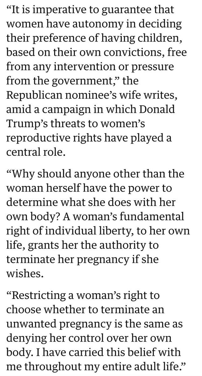 In her new memoir, Melania Trump gives anti-abortion Republicans a sharp poke in the eye as her husband desperately needs their votes. 

"A woman's fundamental right of individual liberty, to her own life, grants her the authority to terminate her pregnancy if she wishes."