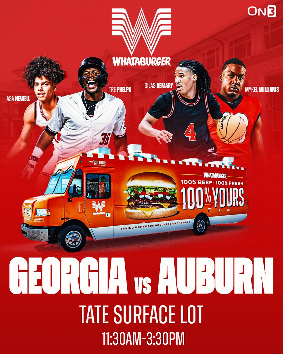 On3 (@on3sports) on Twitter photo 🐶Georgia Fans🐶
<a href="/Whataburger/">Whataburger®</a> is rolling into Athens with the Whataburger food truck, and you won’t want to miss it! Swing by for some FREE samples of your favorite Whataburger classics. It’s the perfect way to fuel up before game day! 🍔 🐶Georgia Fans🐶
<a href="/Whataburger/">Whataburger®</a> is rolling into Athens with the Whataburger food truck, and you won’t want to miss it! Swing by for some FREE samples of your favorite Whataburger classics. It’s the perfect way to fuel up before game day! 🍔