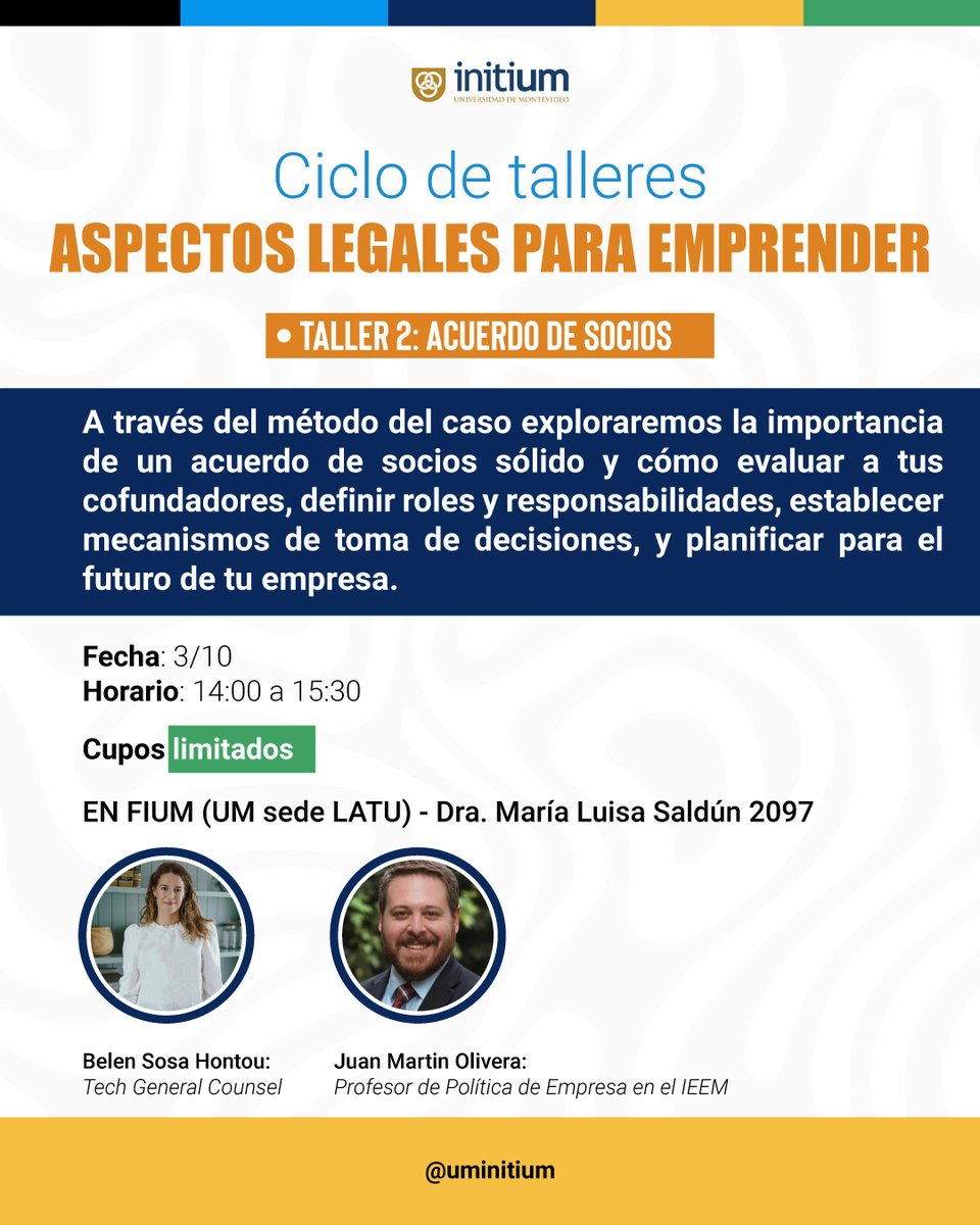 💡 ¡No te pierdas el segundo taller del ciclo "Aspectos Legales para Emprender"!

Los cupos son limitados, así que si aún no te inscribiste, ¡todavía estás a tiempo de hacerlo! ⏳ 👉 forms.office.com/r/LsfvDzz203

#Emprender #Legal #AcuerdoDeSocios #Initium #Startup #Emprendedores