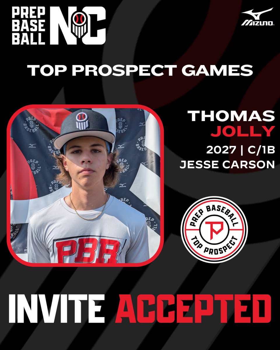 PrepBaseballNC's tweet photo. 🎉𝐈𝐍𝐕𝐈𝐓𝐄 𝐀𝐂𝐂𝐄𝐏𝐓𝐄𝐃🎉
📢THOMAS JOLLY

Big Event for the top 2027 &amp; 2028 Players in NC on SAT NOV 2nd

Profile Link 👉 https://t.co/J5hu4i8Vc5
2027 C/1B
Jesse Carson HS | C35 

#NCTPG24 | @c35baseball | @CarsonCougarBSB | @JollyTA18 https://t.co/0BmfOpQwzC