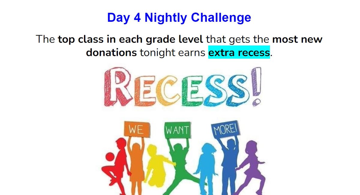 Day 4 Nightly Challenge
The top class in each grade level that gets the most new donations tonight earns extra recess.