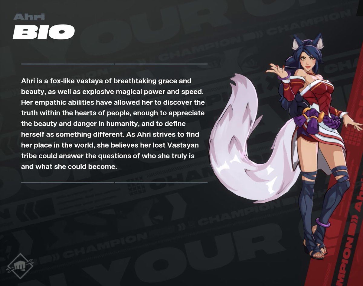 “Ahri is a fox-like vastaya of breathtaking grace and beauty, as well as explosive magical power and speed.”

any Ahri mains in chat? 🦊