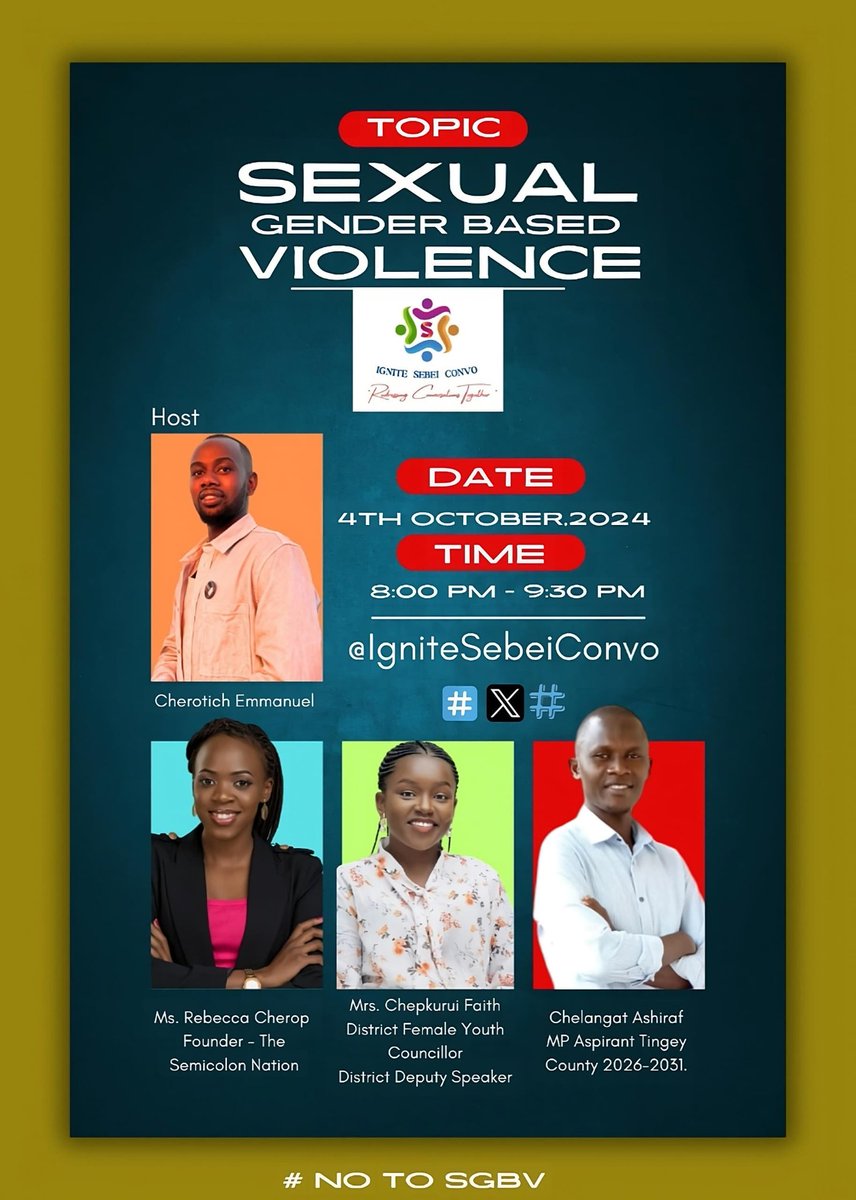 ThatKalenjinGuy🇺🇬🇯🇵 (@emmanuelkhashar) on Twitter photo Dear All <a href="/IgniteSebeiConv/">IgniteSebeiConvo</a> invites you to join the space on 4/10/2024 at 8:00 pm as we delve into understanding the topic: Sexual Gender Based Violence
Set a reminder
#RedressingConversionTogether
#SayNotToSGBV
#VisitSebei Dear All <a href="/IgniteSebeiConv/">IgniteSebeiConvo</a> invites you to join the space on 4/10/2024 at 8:00 pm as we delve into understanding the topic: Sexual Gender Based Violence
Set a reminder
#RedressingConversionTogether
#SayNotToSGBV
#VisitSebei