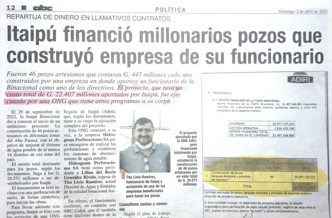 delpynews's tweet photo. ▶️EN CASA CÓMO ANDAMOS... | 👀

🤑Itaipú habría aportado G. 22.407 millones para que la ONG ADIRI construya 46 pozos artesianos.

🤷‍♂️Lo más llamativo es que el principal accionista de la ONG, "Tito" Livio Ramírez, también era funcionario de la Binacional en ese entonces, pero tras conocerse el caso fue apartado del cargo.

Fuente: ABC Color.
