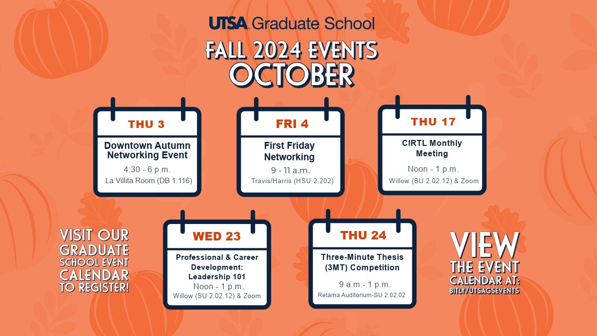 New month, new events! Check out our October calendar and register for networking, professional development events and more at bit.ly/utsagsevents. #UTSAGradSchool #events