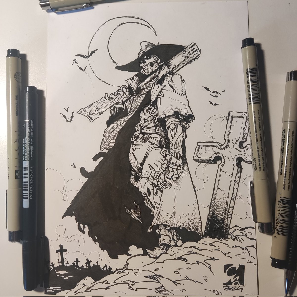 ElectroCereal's tweet photo. #Inktober Day 2! 
This one is Revenant, a sort of undead soldier/warforged in service of the god of Death to hunt other undead. It was a very short lived character that twoletters played for Curse of Stradh and now it's given final form by me!
#Inktober2024 #Inks #DnD #PC #Stradh https://t.co/3rSDv48d1t