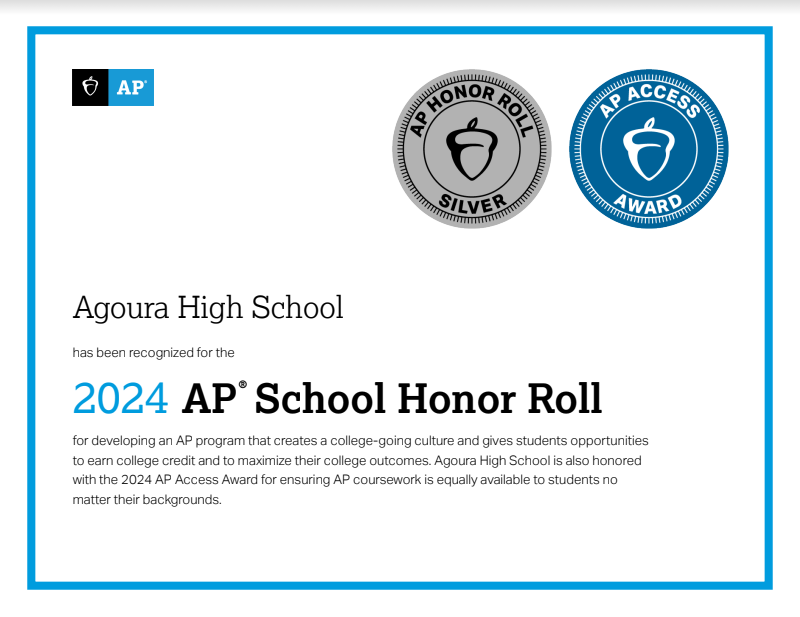 AgouraHS's tweet photo. Congratulations to our teachers and students! AHS has been awarded Silver AP Honor Roll Recognition as well as the 'AP Access Award'! #lvusdrocks #chargeon @instagoura #apaccess https://t.co/C5jazc9yUh