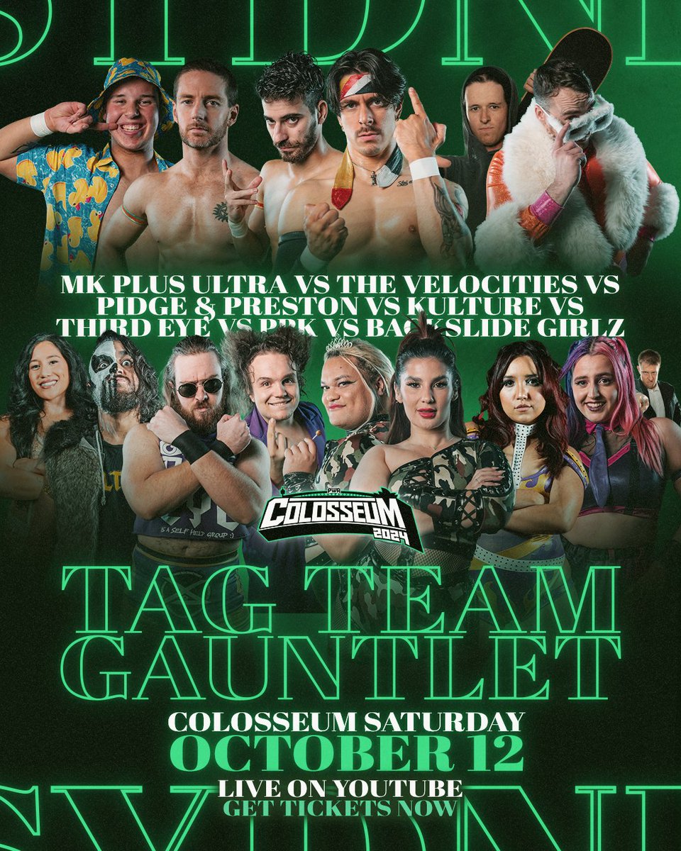 PWAaustralia's tweet photo. INTRODUCING your 2024 Colosseum Tag Team Gauntlet Draw 🔥🚨 

Who's your pick? 

⚔️ PWA's GRAND FINAL ⚔️
Metro Theatre, Sydney 📍 October 12-13 📅
GET TIX NOW 🎟️ https://t.co/1wGopiqbys https://t.co/8F2QBozCFU