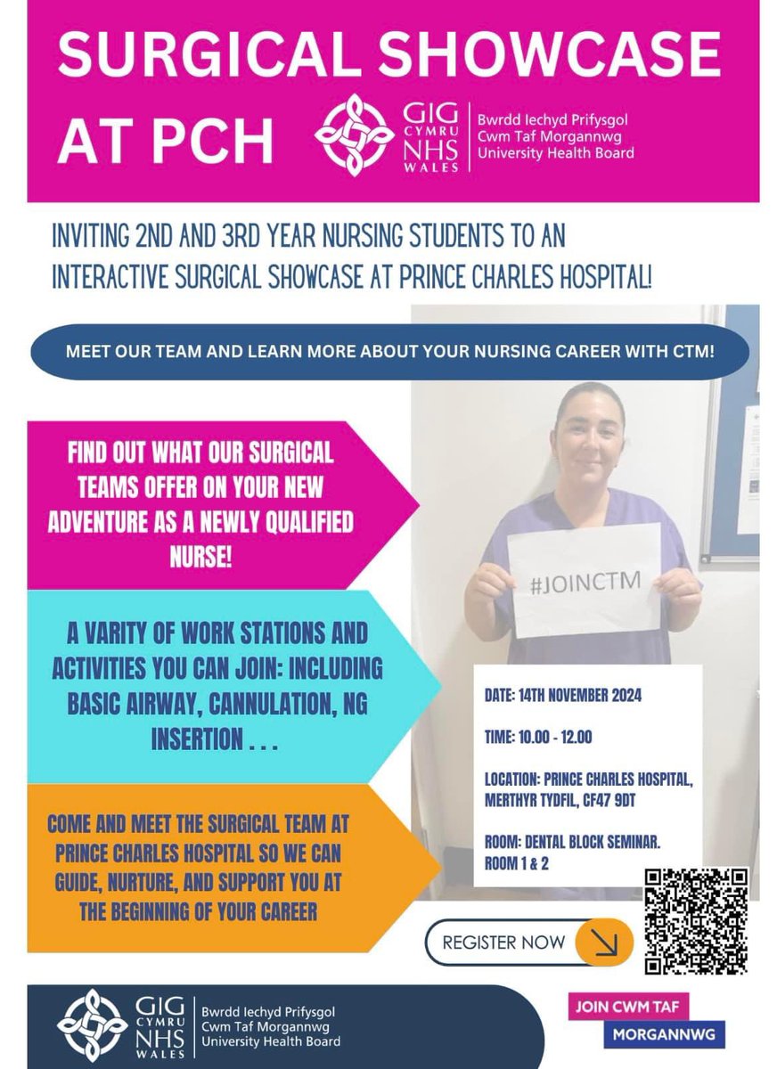 Student nurse in 2nd or 3rd year? Interested in Surgical nursing? Come see the team in Prince Charles Hospital at their showcase event a great opportunity pity to see what your future holds working for us <a href="/CwmTafMorgannwg/">Cwm Taf Morgannwg University Health Board</a> <a href="/NurseGregDix/">Gregory Padmore-Dix</a> <a href="/rfhugheshon/">Richard Hughes 💙</a> <a href="/SharonobrienNHS/">Sharon O’Brien</a> <a href="/gamgirl2000/">Becky Gammon</a>