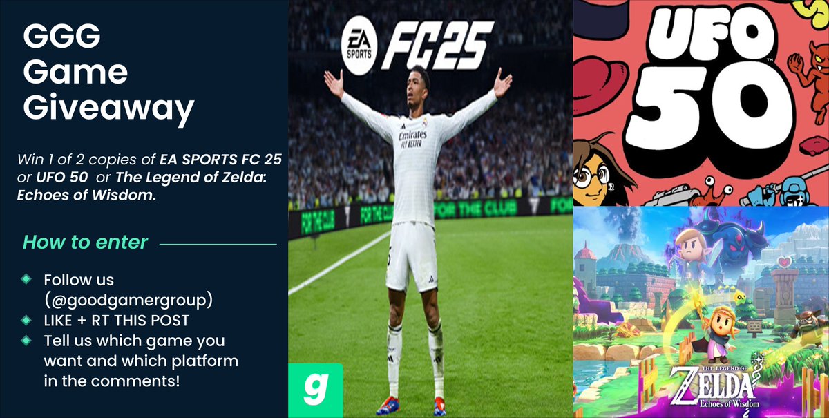 goodgamergroup's tweet image. 🚨Win 1 of 2 Copies of #EAFC25 or #UFO50  or The Legend of Zelda #EchoesOfWisdom 🤩

To enter🎁:
✅Follow us
✅Like &amp;amp; RT this tweet
✅Comment your desired game &amp;amp; platform

⏰The #giveaway ends at 11:59pm CT on 10/10/2024 

🏆 The 2 Winners will be announced on Oct 11✨