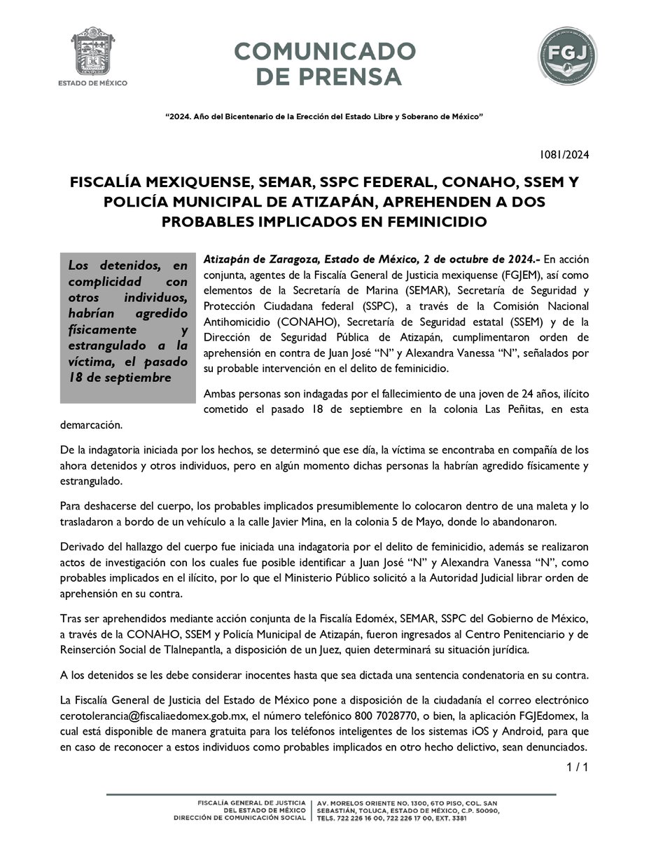 FiscaliaEdomex's tweet photo. #Detenidos. En acción conjunta, agentes de la #FiscalíaEdoméx, así como elementos de la @SEMAR_mx, @SSPCMexico, a través de la #CONAHO, @SS_Edomex y de la Dirección de Seguridad Pública de @GobAtizapan, cumplimentaron orden de aprehensión en contra de Juan José “N” y Alexandra Vanessa “N”, señalados por su probable intervención en un feminicidio perpetrado el pasado 18 de septiembre en la colonia Las Peñitas, de #AtizapánDeZaragoza.
https://t.co/hd4zvi2ZdS