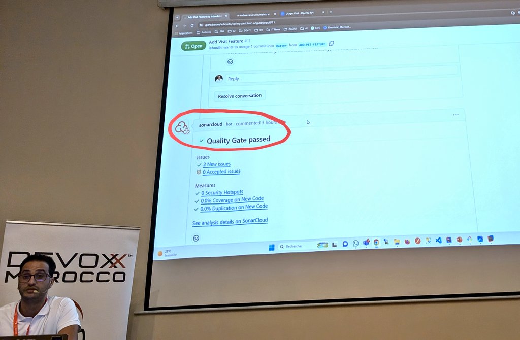 vilojona's tweet photo. Great to see @SonarCloud being mentioned and considered a must and base line for any code production in Imad Eddine from @SQLI_FR in hist talk about an AI Code Review tool at @DevoxxMA #devoxxma24 https://t.co/1Y4TDwk29R