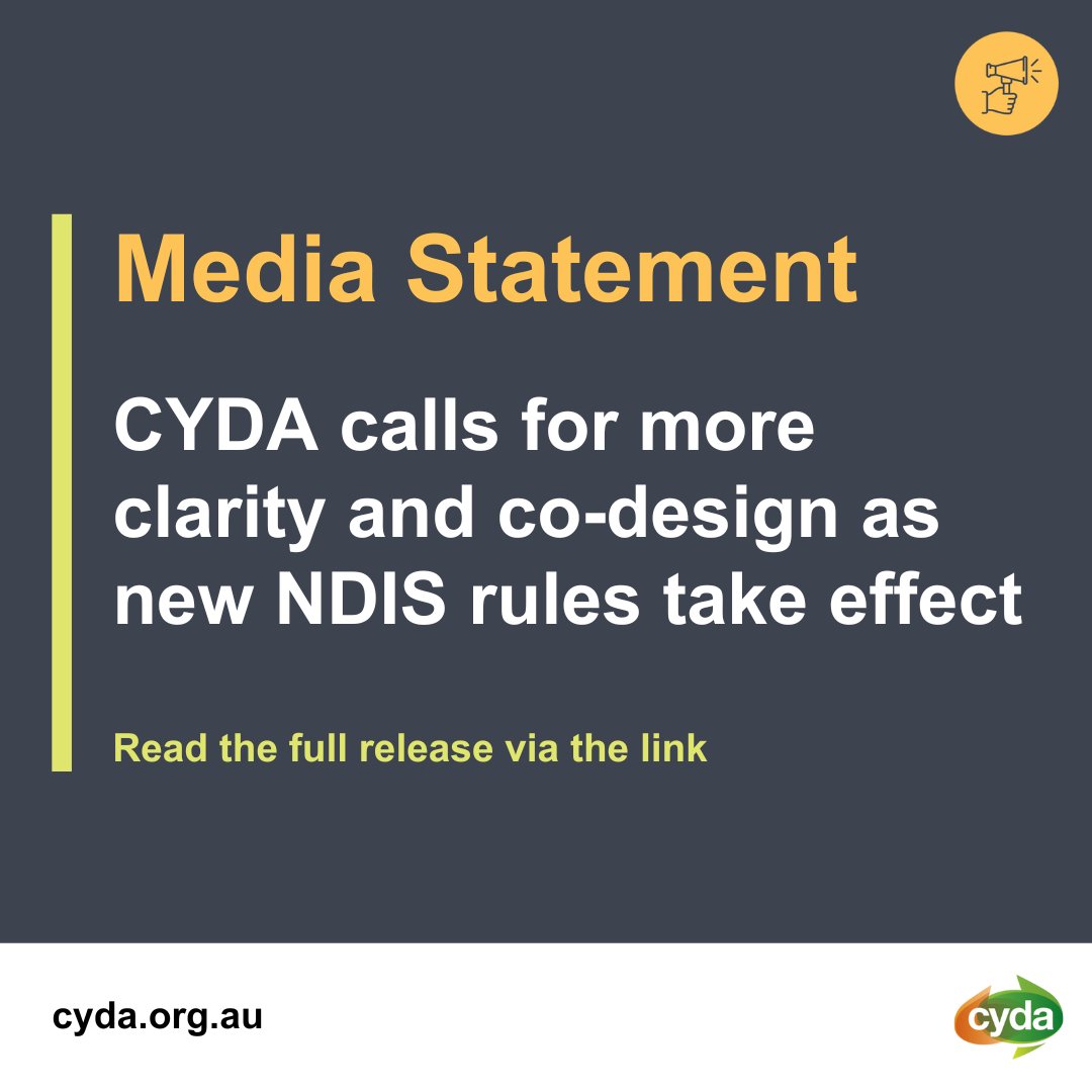 Today, over 660,000 Australians with disability face a challenging new reality as transitional rules for the #NDIS come into effect. 

“We’re meeting the day with a range of emotions,” said CYDA CEO Skye Kakoschke-Moore. 

Full statement here: tinyurl.com/y8zdkmkd