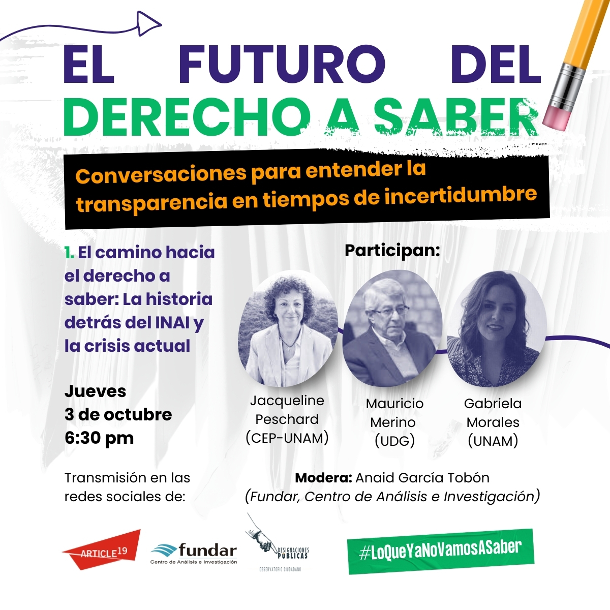 ¿Cómo llegamos a la crisis que enfrenta el acceso a la información y la transparencia? Jacqueline Peschard, Mauricio Merino y Gabriela Morales hablan de ello en este primer conversatorio de 'El futuro del #DerechoASaber'.
🗓️ 3 de octubre
🕡 18:30h
▶️ i.mtr.cool/frriouqzgw