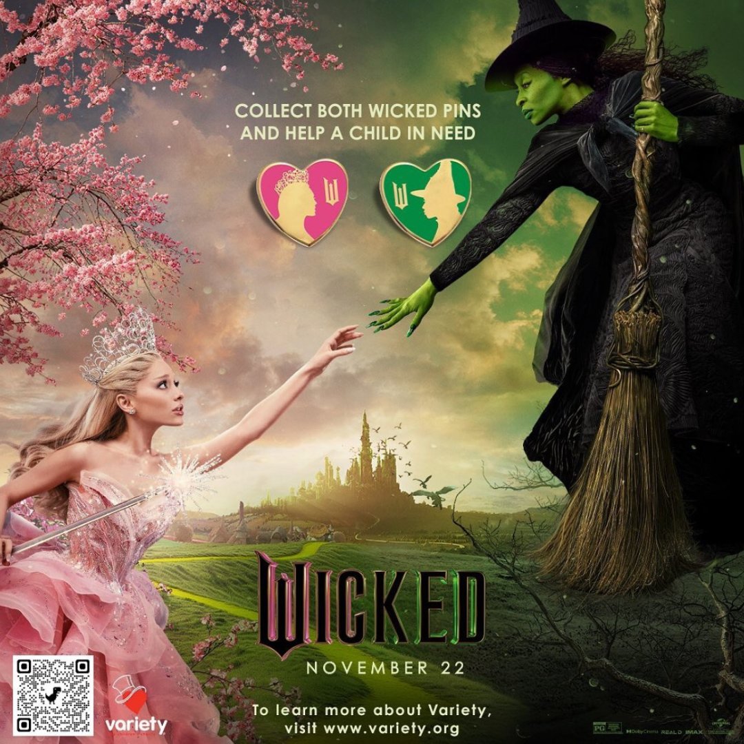 Variety has partnered with Universal Pictures to create 2 limited-edition gold heart pins - Glinda and Elphaba from WICKED, in theatres on 11/22! The pins are available through participating exhibition partners NOW for a minimum donation of $3 in movie theatres across the US. ❤️