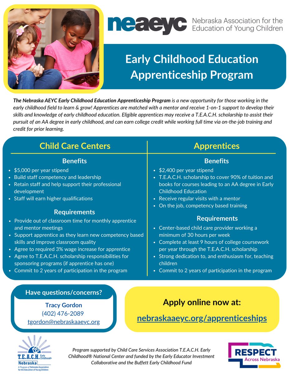 Nebraska AEYC (@neaeyc) on Twitter photo The deadline has been extended for our new Early Childhood Education Apprenticeship Program!
Apply today at nebraskaaeyc.org/apprenticeships The deadline has been extended for our new Early Childhood Education Apprenticeship Program!
Apply today at nebraskaaeyc.org/apprenticeships